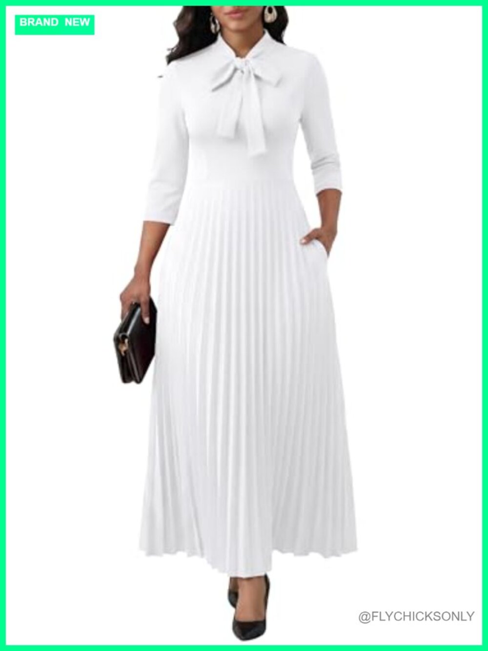 Maxi Dress 3/4 Sleeve Pleated Empire Tie Neck Semi Formal Work